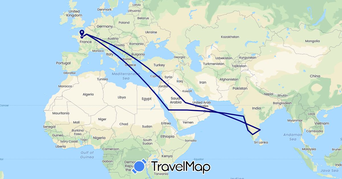TravelMap itinerary: driving in France, India, Saudi Arabia (Asia, Europe)